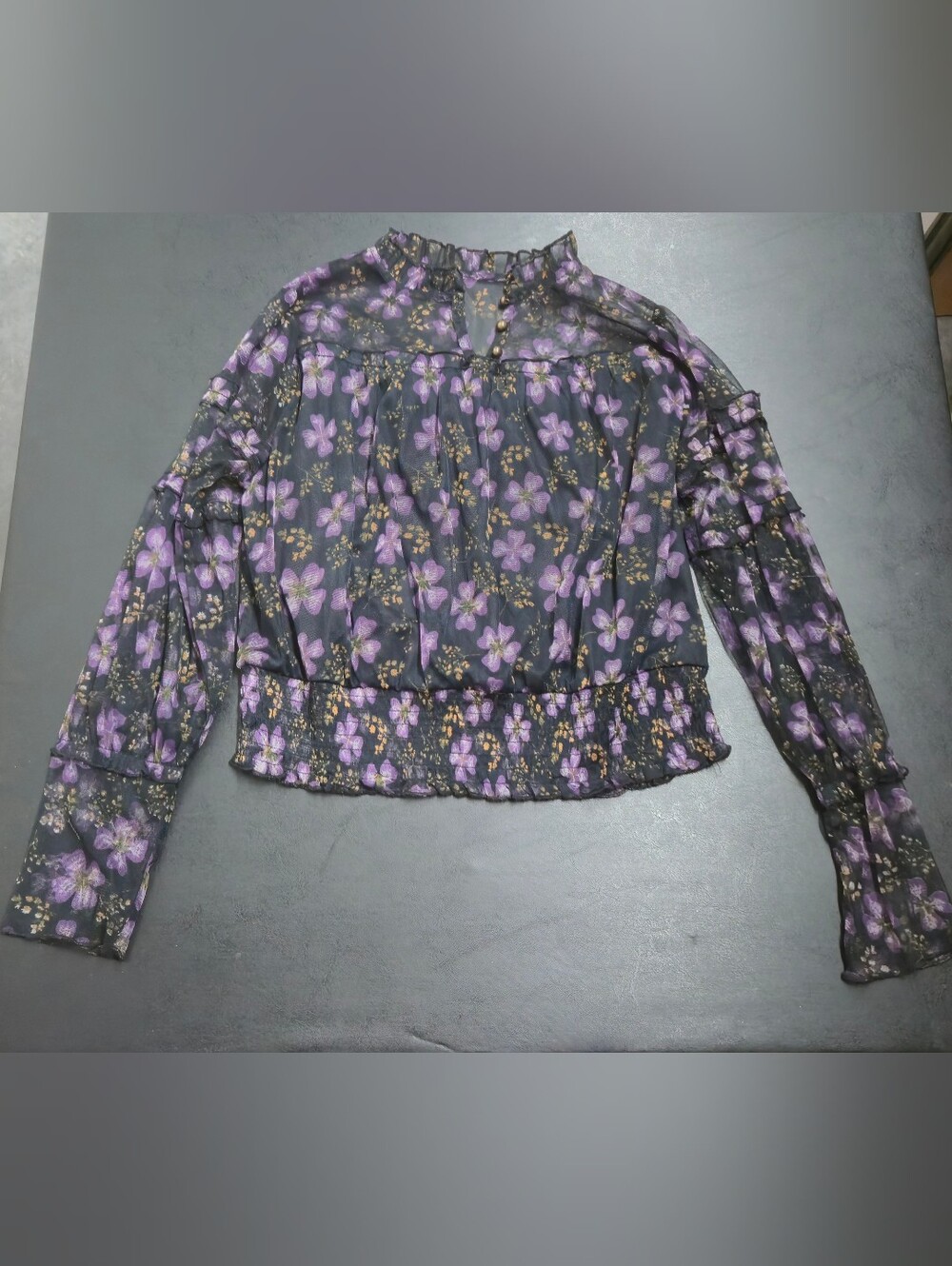Sheer Black Blouse with Purple Floral Print and Smocked Hem